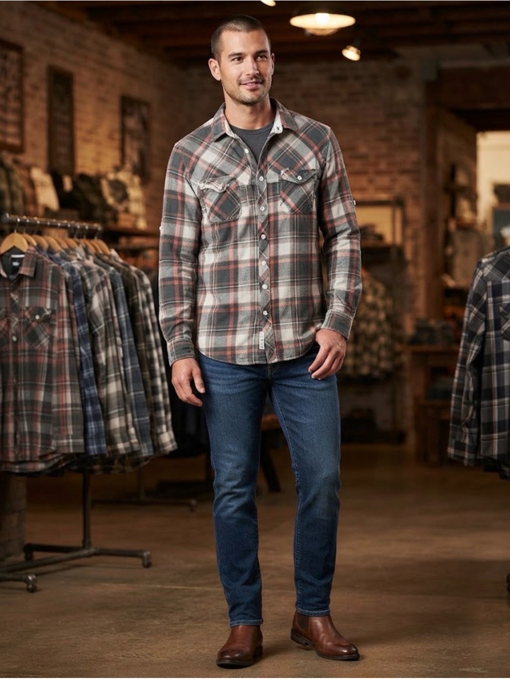 I Jeans by Buffalo Men’s Long Sleeve Button Up Plaid Shirt Size Small Western